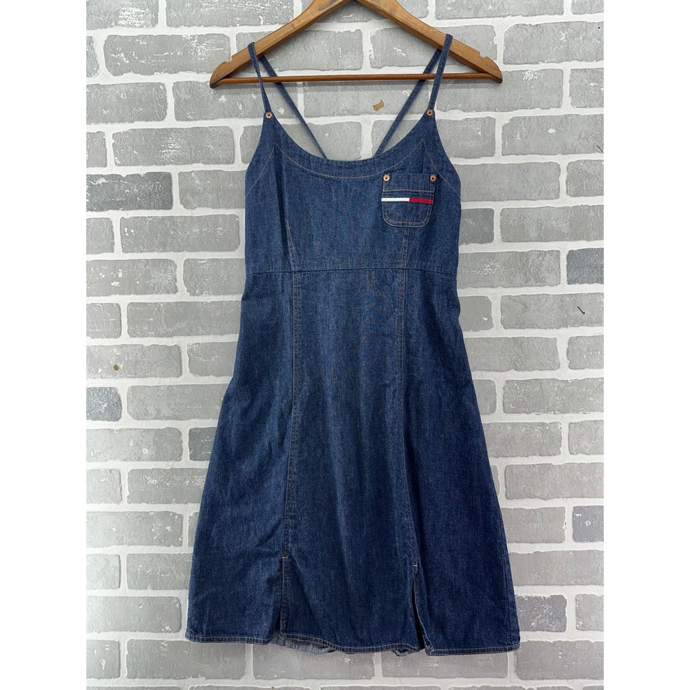 Tommy Jeans Vintage Denim Pinafore Dress Dark Wash Logo Pocket Womens L 170231